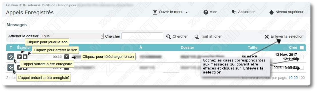 Gestion des messages de la boite vocale de Zoomitel