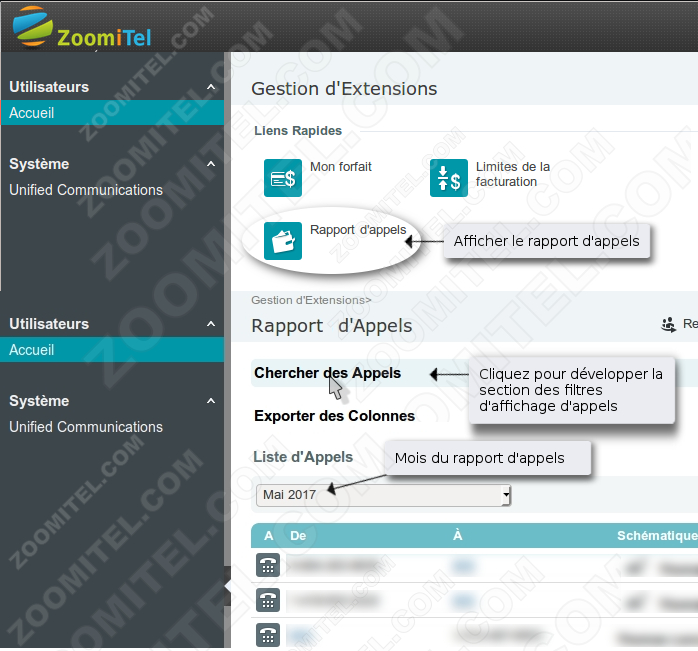 Zoomitel Cloud-Panel rapport d'appels forfait de téléphonie par internet