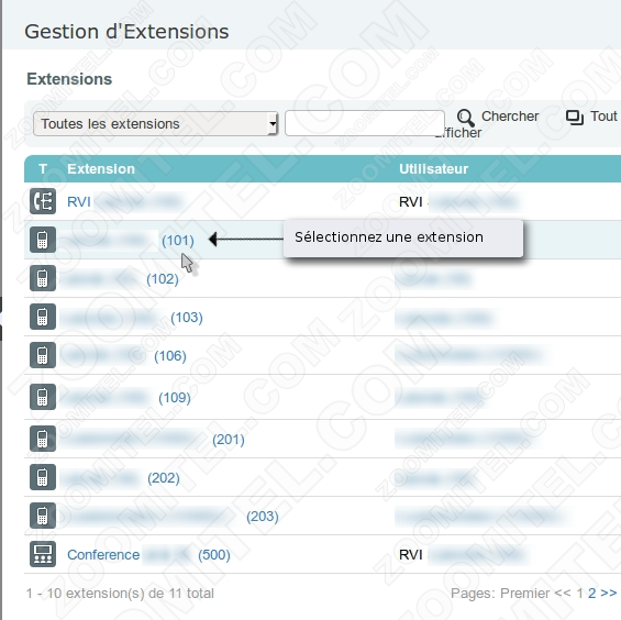 cloud-panel zoomitel Sélectionnez une extension